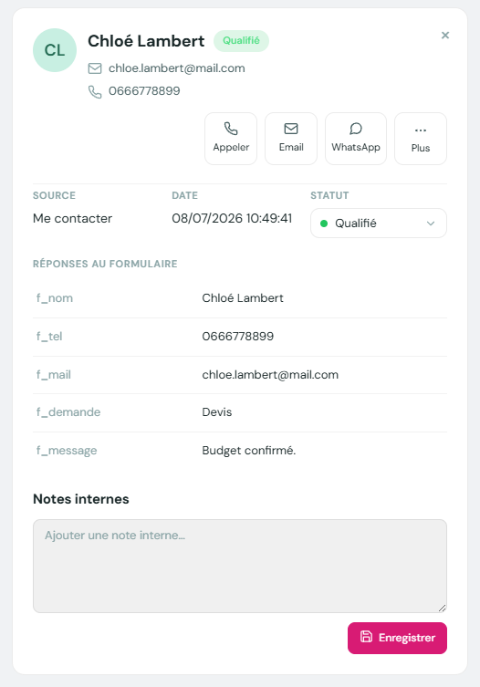 Détail d'un lead : coordonnées, réponses au formulaire et notes